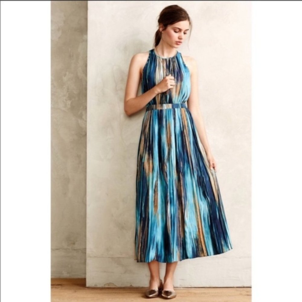Anthropologie - Paper Crown "Rivier" Blue Multi-colored Maxi Dress